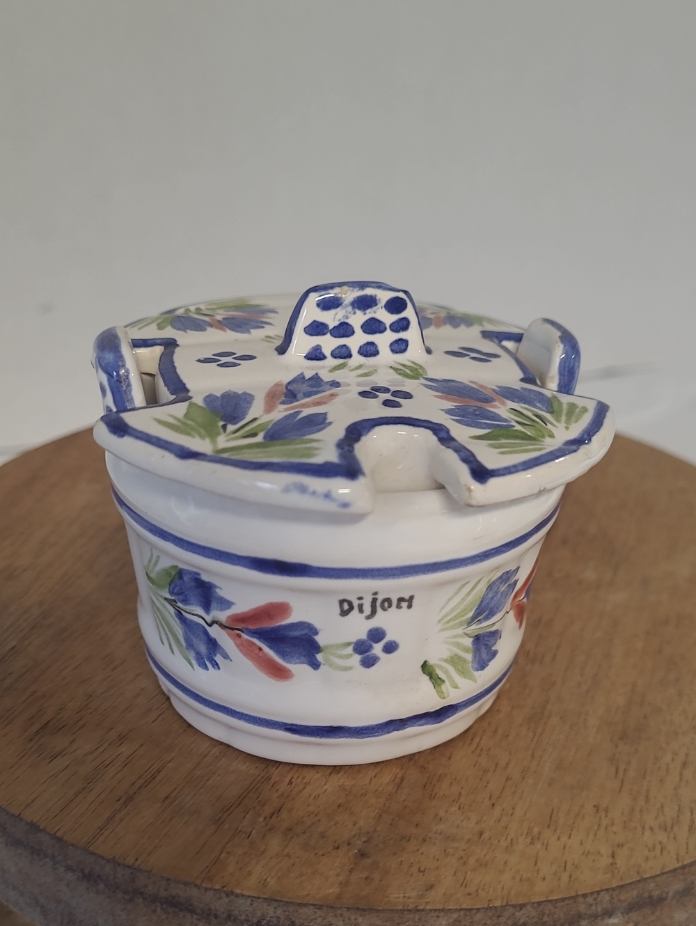 Vintage French Quimper Hand-Painted Dijon Ceramic Mustard Pot.